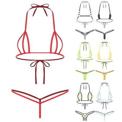 US YiZYiF Women Party Micro Bikini Lace-up Halter Bra Top T-back Thong Underwear