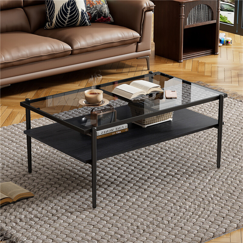 Rectangle Coffee Table Modern Table with Gray Tempered Glass Top for Living Room
