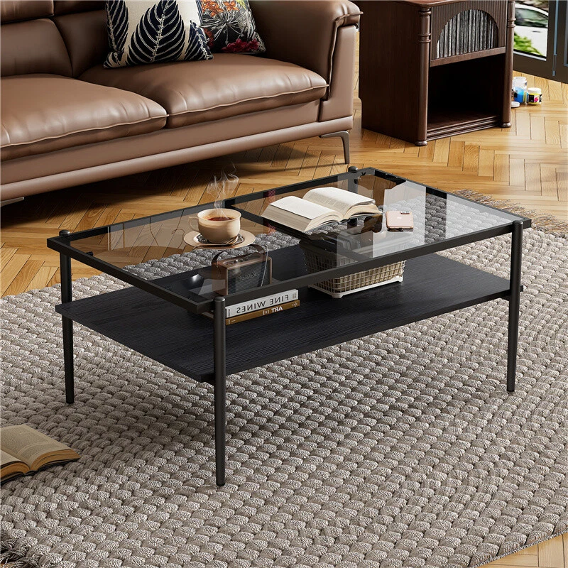 Rectangle Coffee Table with Gray Tempered Glass top and Metal Legs, Modern Table - Image 2 of 4