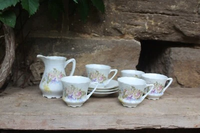 Jugendstil Kaffeetassen + Milchkännchen Set Rosen Dekor Carl Tielsch Altwasser - Bild 1 von 4