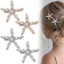 4Pcs Starfish Hair Clip 2 Gold 2 Silver Crystal Pearl Wedding Headpiece Pin