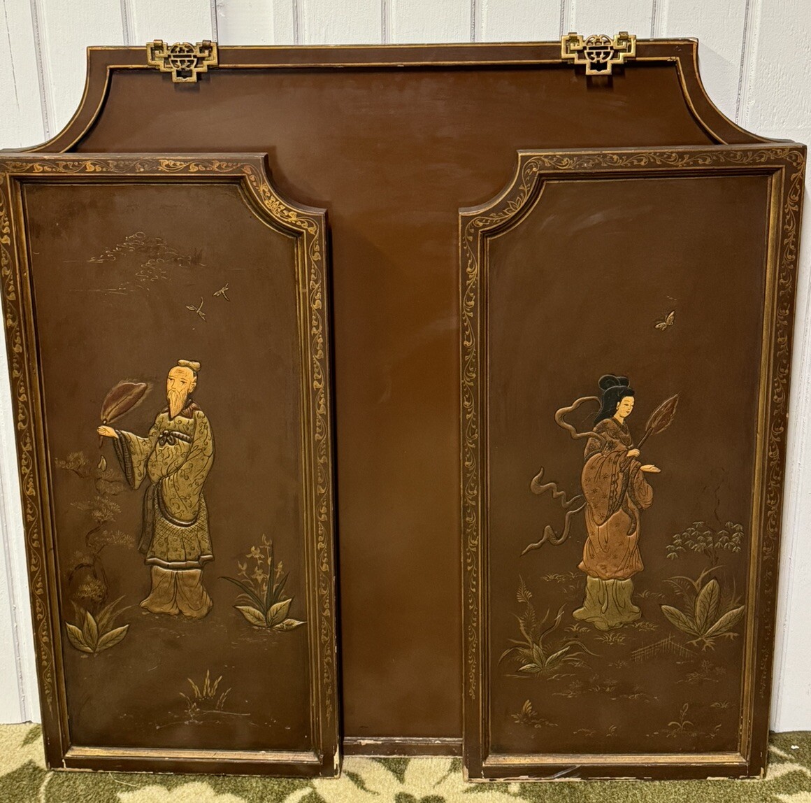 Vintage Chinese 3 Panel Screen Wall Art Inlaid Deities Village Scene Gold Accent