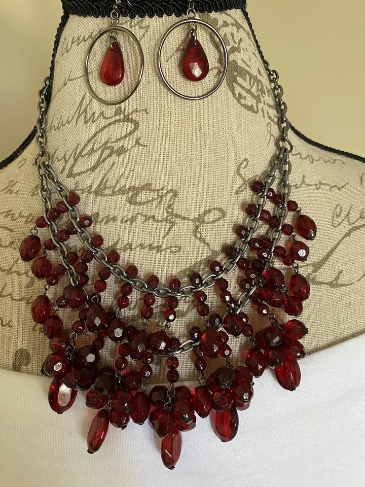 Kohl's Women's Ruby Red Necklace Earrings Jewelry Set - Image 2 of 3