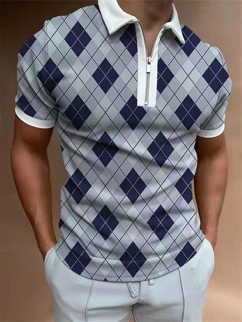 ⭐⭐⭐Polo Shirt Men Zipper Collar Blue Navy Casual Golf Fashion White Trim  Zip Tee