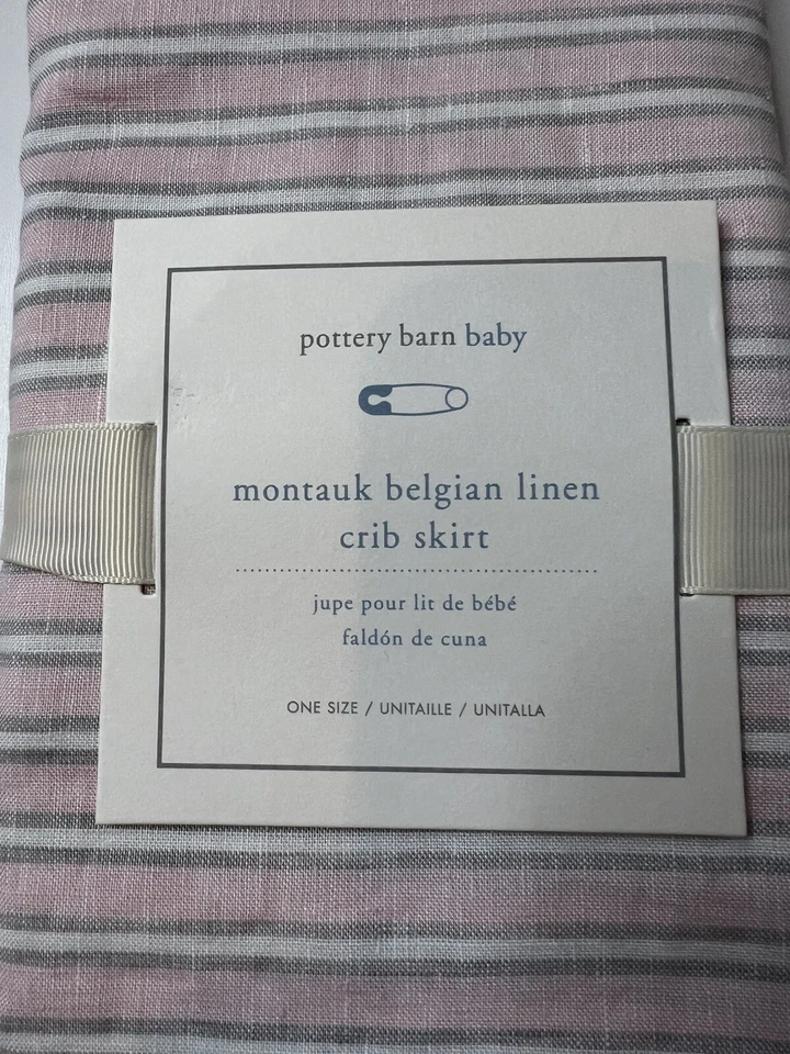 Pottery Barn Baby Montauk Rosa Gris Rayas Cuna Belga Lino Cuna Falda NUEVA Foto 2 de 3