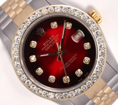 Rolex Datejust 36mm 18k Two-Tone Red Vignette Diamond Dial 3CT Diamond Bezel
