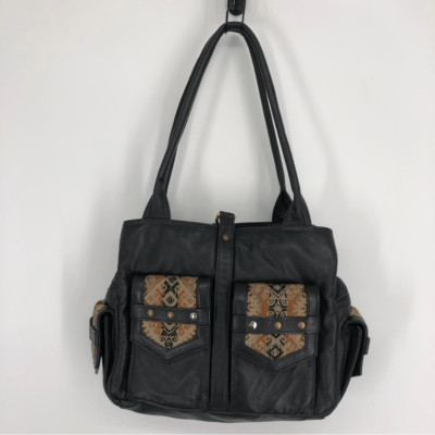 John Cole Satchel Bag Leather Woven Tapestry Bag Black Zip Snaps Boho Chic