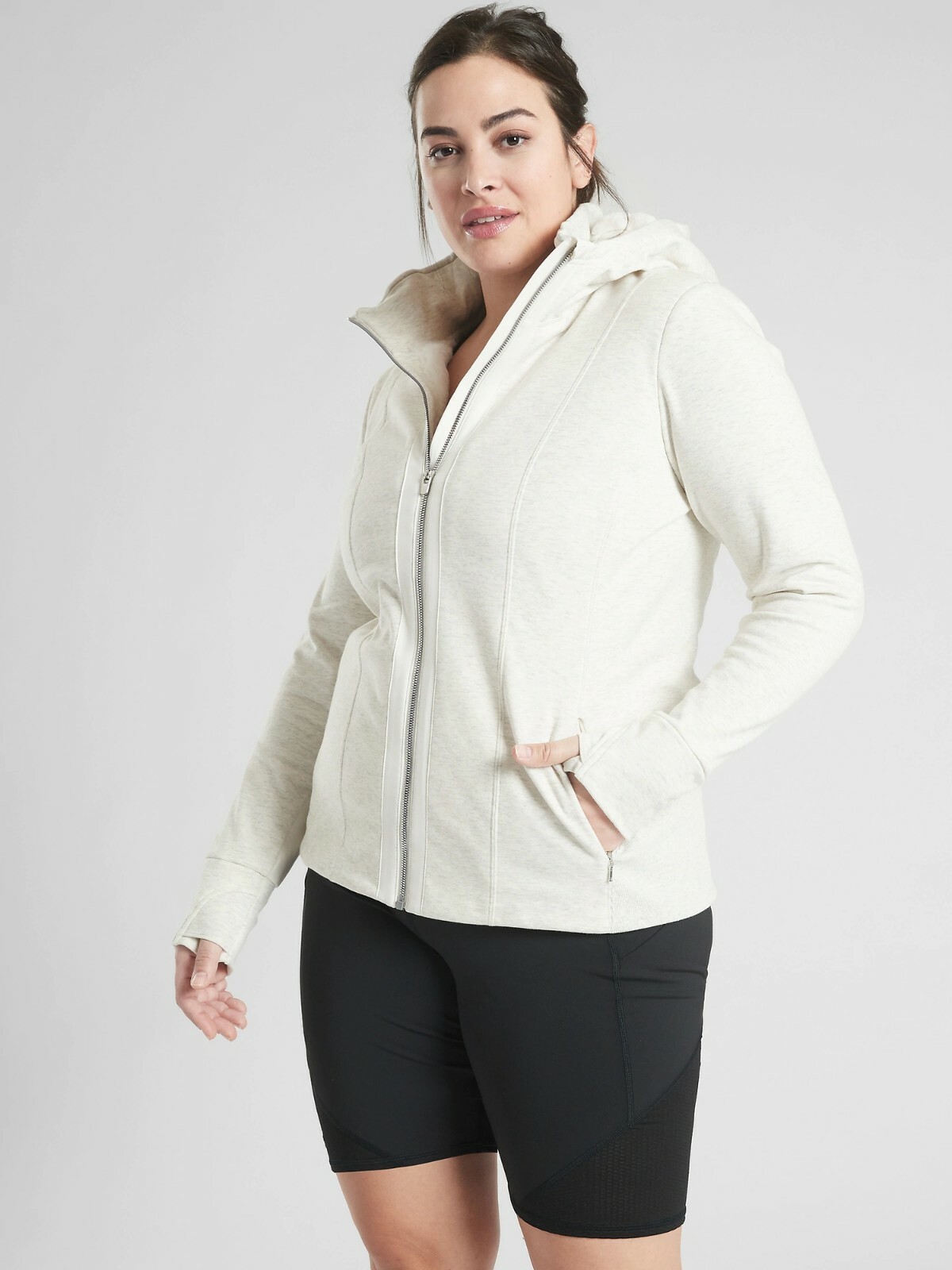Athleta Luxe Victory Hoodie Fur Lined Jacket,Light Grey Heather SIZE LP
