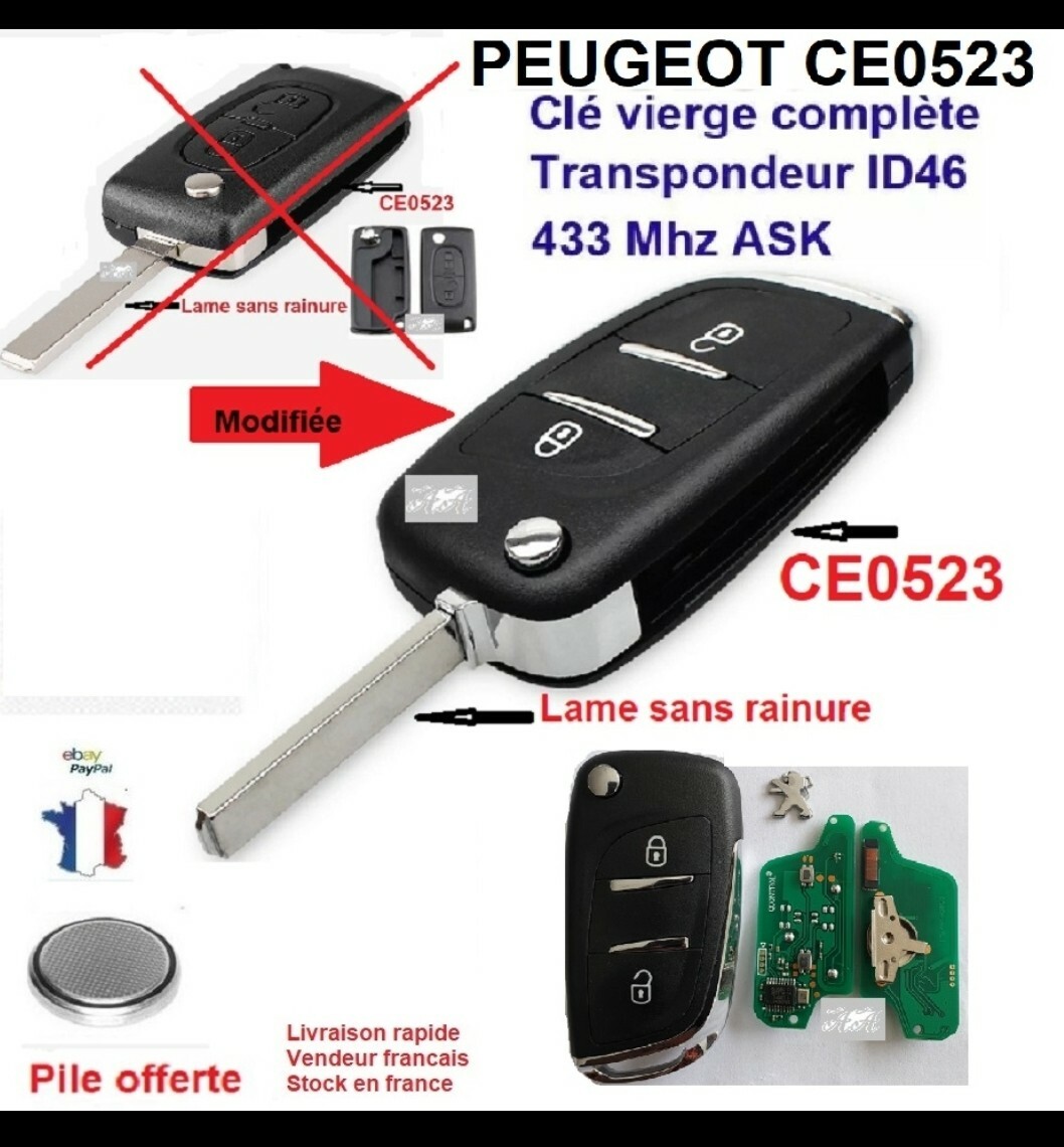 Clé Télécommande Complète Pour Peugeot / Citroën – 2 Boutons, Fréquence 433 MHz, Puce PCF7961 – Modèles 207 307 308 408 Etc. (2005-2011)