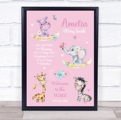 Neu Baby Geburt Details Kinderzimmer Taufe rosa Dschungel Tiere Geschenk Druck