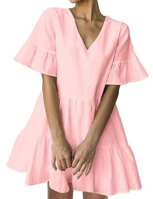 FANCYINN Women Cute Pink Shift Tunic Dress Bell Sleeve V Neck Swing Pink Ruff...
