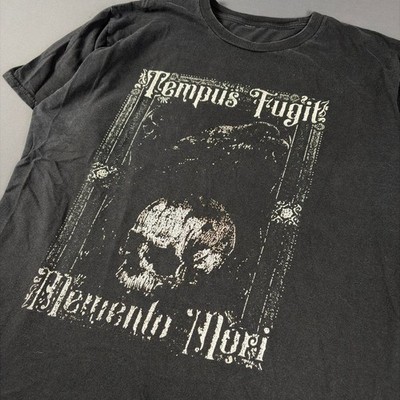 Vintage Tempus Fugit Memento Mori Skull Graphic Tee Faded Black Mens M Grunge