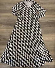 RIXO Tillie Jersey Midi Mono Wave Print Dress Long Sleeve Black White | Med US 8