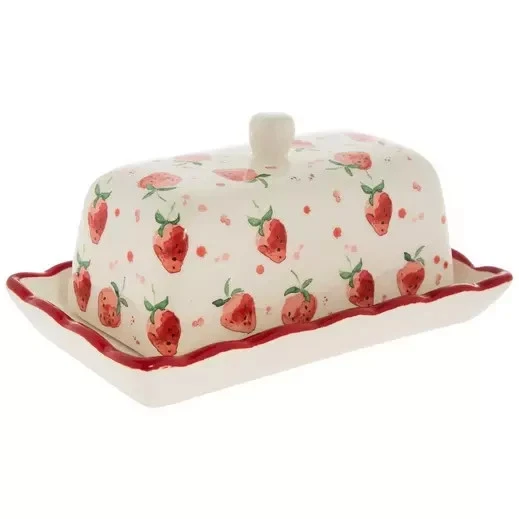 New Cottagecore Ceramic Watercolor Like Strawberries & Polka Dots Butter Dish