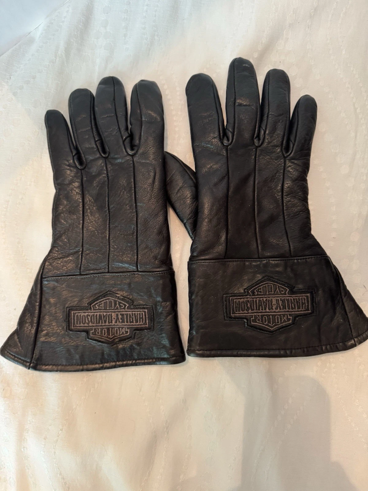 Harley Davidson Men M Black Leather Gauntlet Motorcycle Riding Gloves Insulated