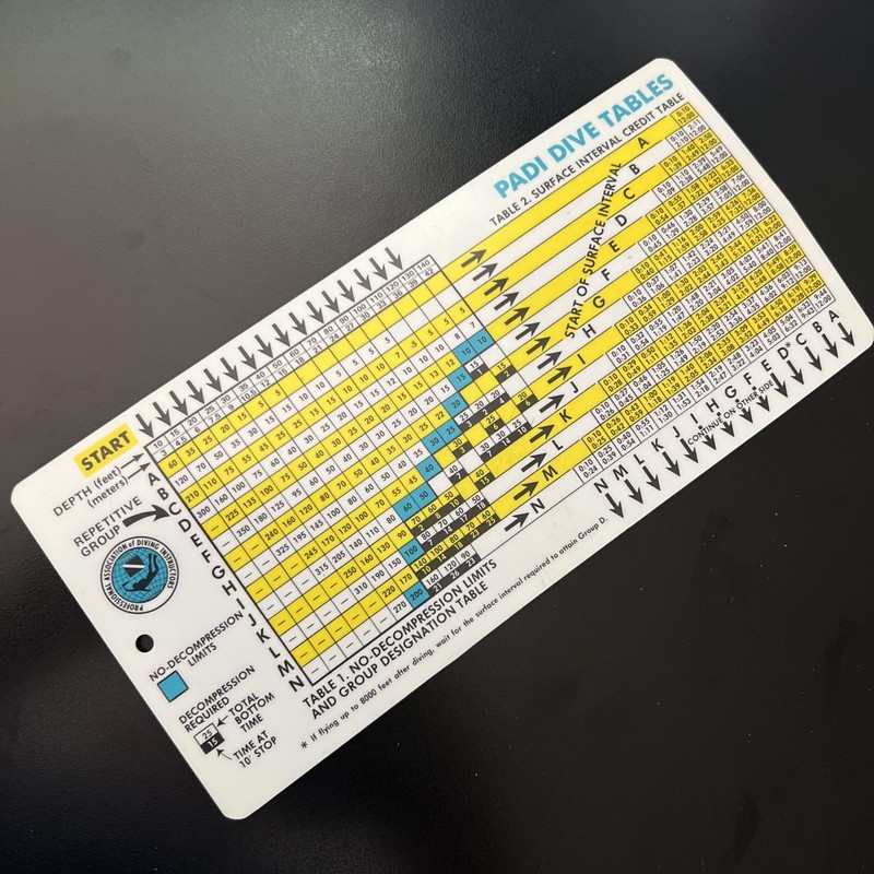 PADI DIVE TABLES Chart - 1980 Plastic Waterproof Laminated