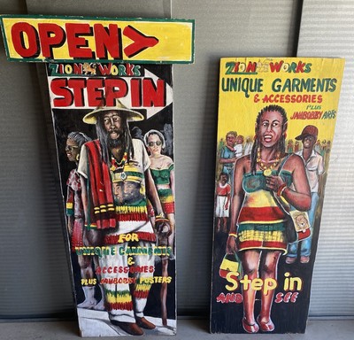 Zion Works Rasta Boutique Hand Painted Advertising Street Signs Folk Art -Pair-