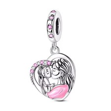 Mother Daughter Love Heart Dangle Charm Fit Bracelet Necklace, 925 Silver