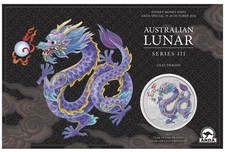 2024 Australia Perth Lunar Dragon Lilac Dragon 1 oz .9999 Silver Coin in Card