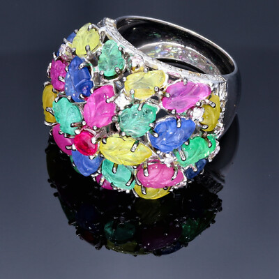 Cocktail Ring 750 18K Echt Gold HANDARBEIT Rubin Smaragd Saphir Brillantbesatz