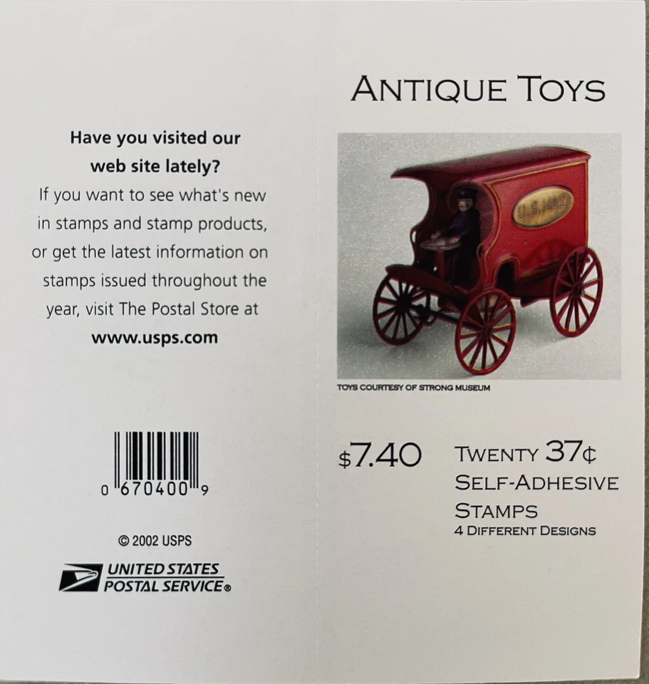 US SCOTT 3645e 37c / 20 STAMPS ANTIQUE TOYS COIL COMPLETE SE-TENANT BOOKLET MNH - Image 3 of 4