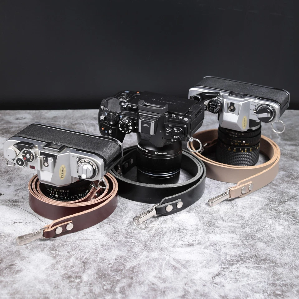 Leather Camera Strap Black Handmade 118cm Snap on All Cameras Dslr Slr Classic  - Image 2 of 4