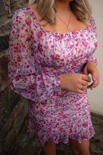 Pink floral long sleeve milkmaid mini 