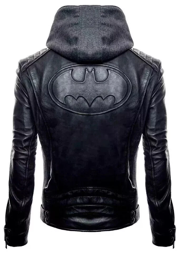 Men's Black Batman Leather Jacket   Arkham Bruce Wayne Bat Logo Leather Jacket