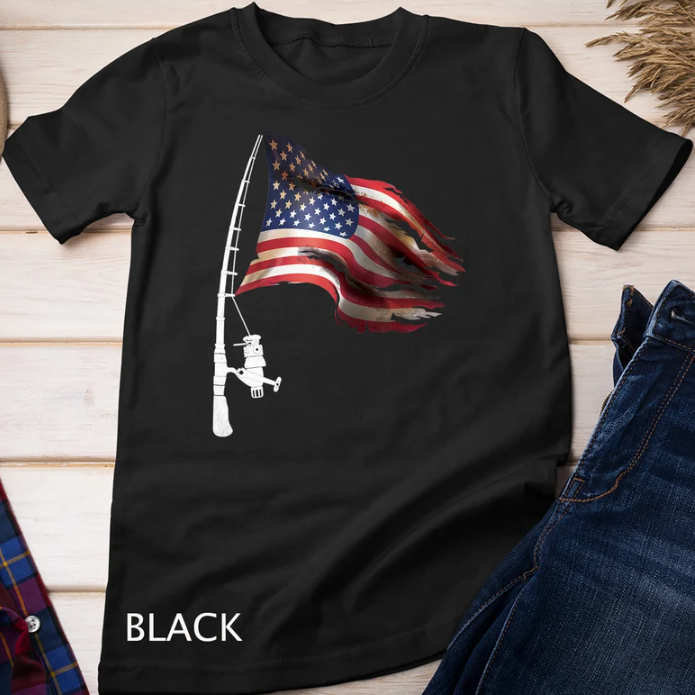 New T-Shirt  Unisex Fishing American Flag Fisherman Patriotic Day 4th of July