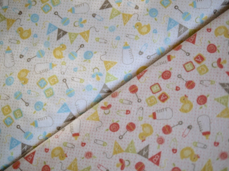 MODA Flanell Patchworkstoff SWEET BABY Fläschchen Rassel Wimpelkette 2 Farben - Bild 2 von 4