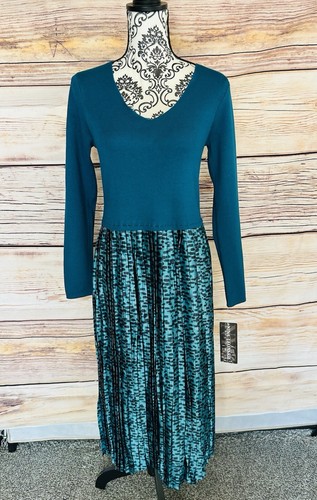 Nina Leonard Women’s Blue Green Long Sleeve V-Neck Knit Pleated Midi Dress M NWT - Picture 9 of 18