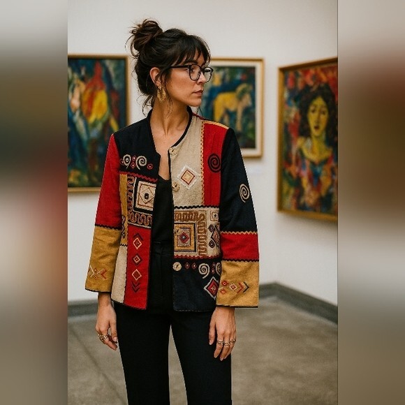 Indigo Moon L Embroidered Patchwork Jacket Boho F… - image 1