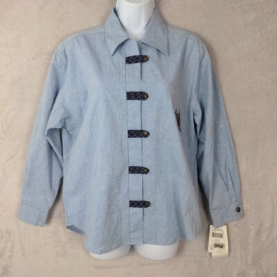 Jantzen Button Up Shirt Women Medium Pet Blue Roll Tab Sleeve Crest Vtg Preppy