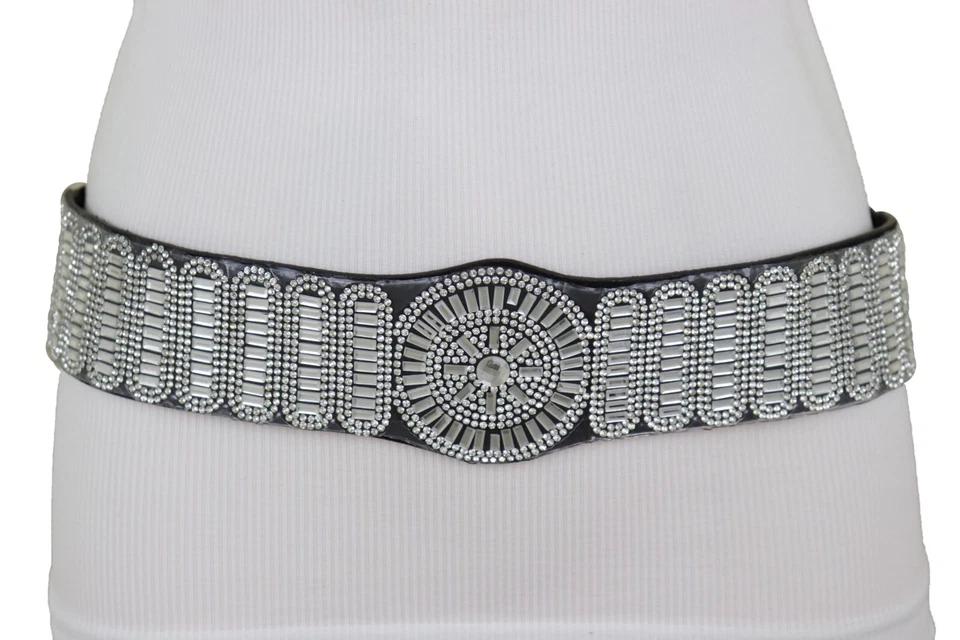 Women Black Elastic Band Embellished Fashion Belt Bling Silver Circle Size M L - Image 2 of 4