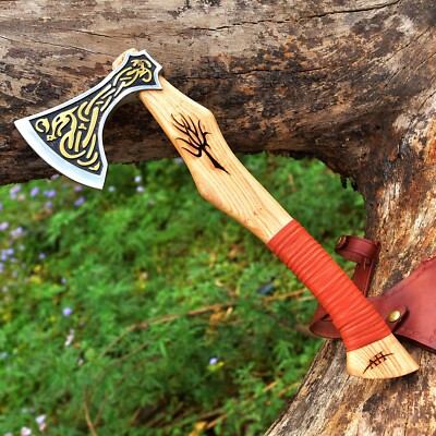 VIKING Hand Forged Axe RAGNAR TREE ETCHING SCANDINAVIAN BATTLE AXE RUSSIAN AXE