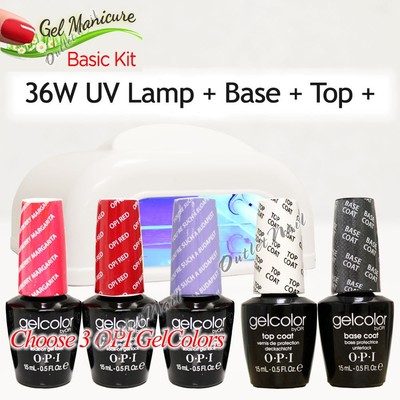 GEL MANICURE BASIC KIT: 36W UV LAMP Pro + Base Top + Choose 3 OPI GelColor SET