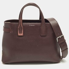 Burberry Banner Medium BurgundyBeige Leather and House Check Fabric Tote