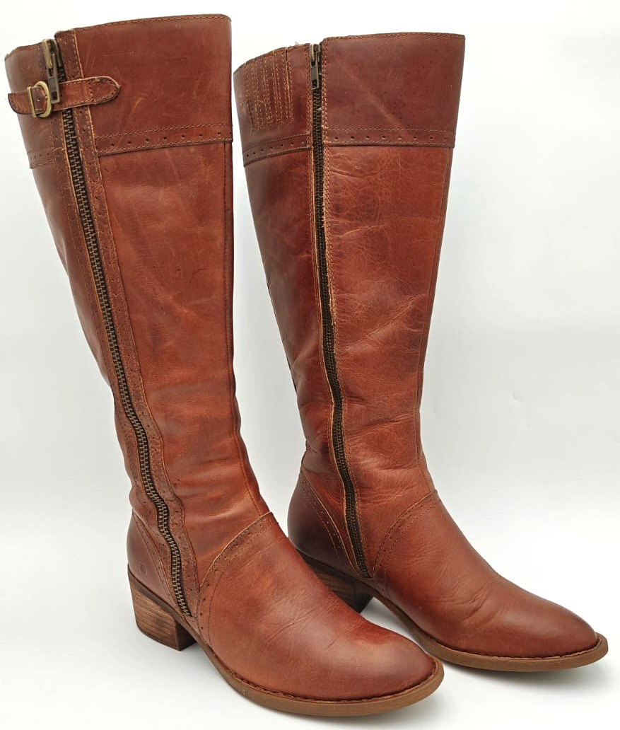 Born Poly Riding Boots Women's 9.5M Brown Leather Dual Side Zippers Knee High
