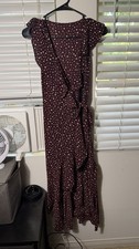 Max Studio Brown Polka Dot Hi-Low Wrap Dress Ruffle V-Neck Tie S/M