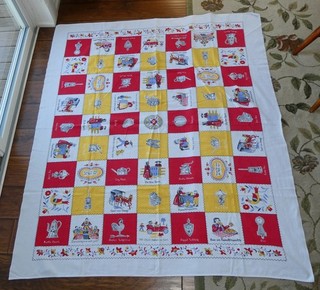 Vintage 1950s Cotton Tablecloth PA Dutch Folk Art Novelty Squares 60 x 52
