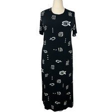 Vintage 90s Dress Es Se Women 2X  Black White Maxi Fish Beach Resort Slinky Knit