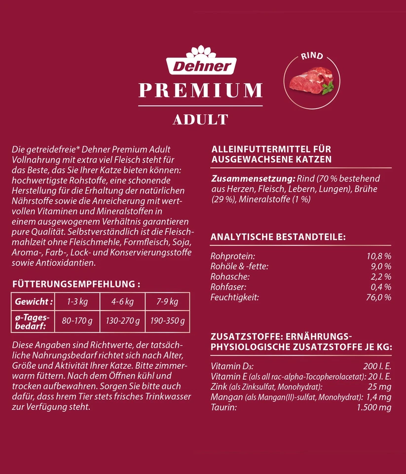 Katzenfutter Nassfutter Adult getreidefrei Rind 6 x 400 g Dose (2.4 kg), Dehner - Bild 3 von 3