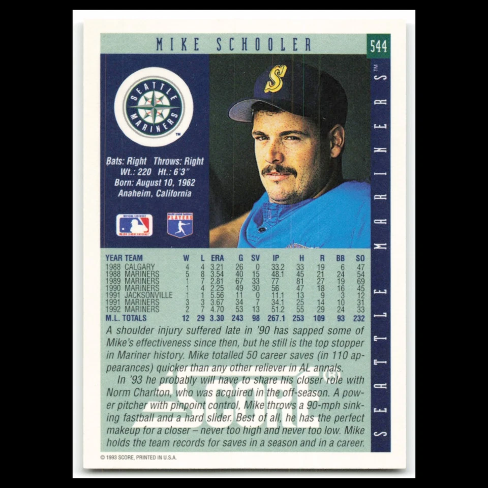 Mike Schooler #544 1993 Score Seattle Mariners Baseball Card MLB NM - Image 2 of 3