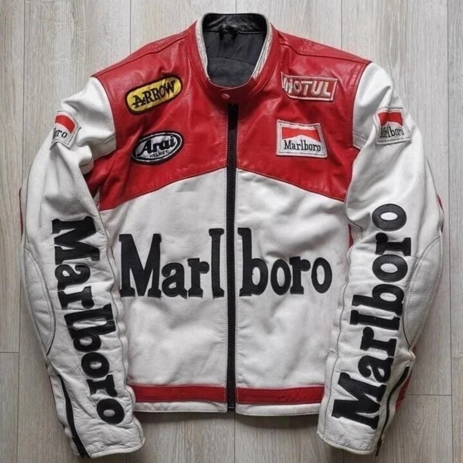 Marlboro Vintage Racing Jacket Red & White Edition Cowhide Leather Biker Jacket.