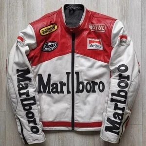 Marlboro Veste de course vintage rouge & blanc Edition Veste de motard en cuir de vache.