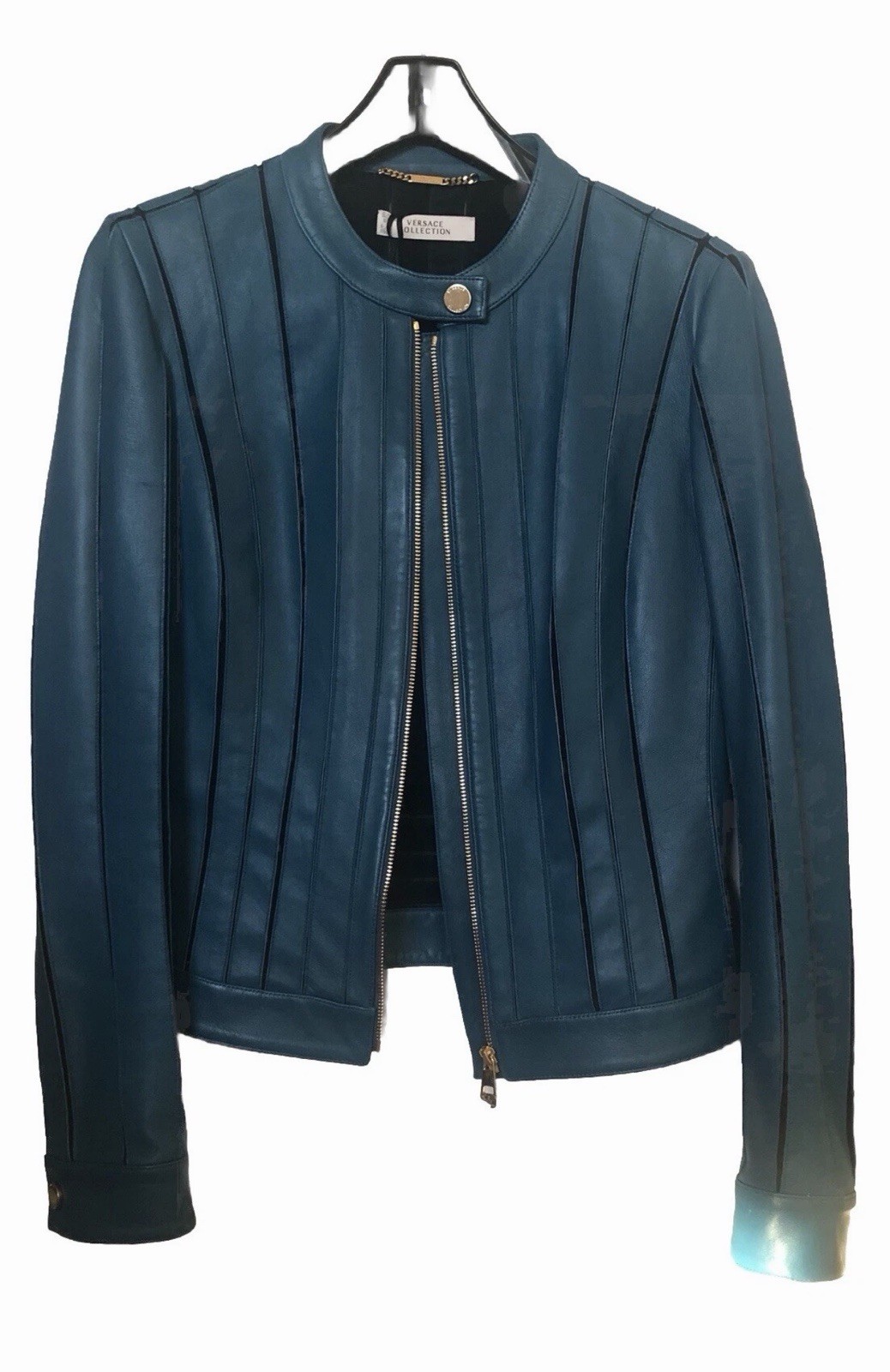 VERSACE  Collection Black Banded Leather Jacket Women Fitted  IT 46- 8 image 7