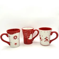 Harry & David Holiday Christmas Mugs Red & White Set Of Three Ceramic 14 Oz 2006