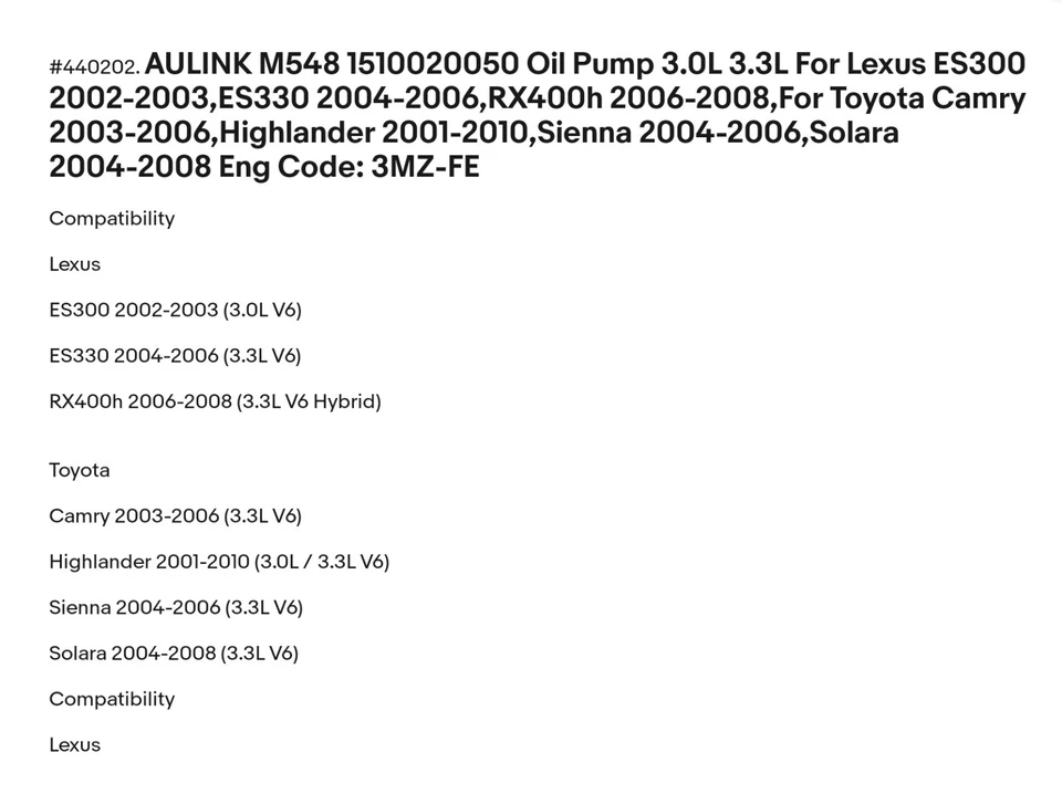 Bomba de óleo AULINK M548 1510020050 3.0L 3.3L para Lexus ES300 2002-2003,ES330... - Imagem 3 de 4