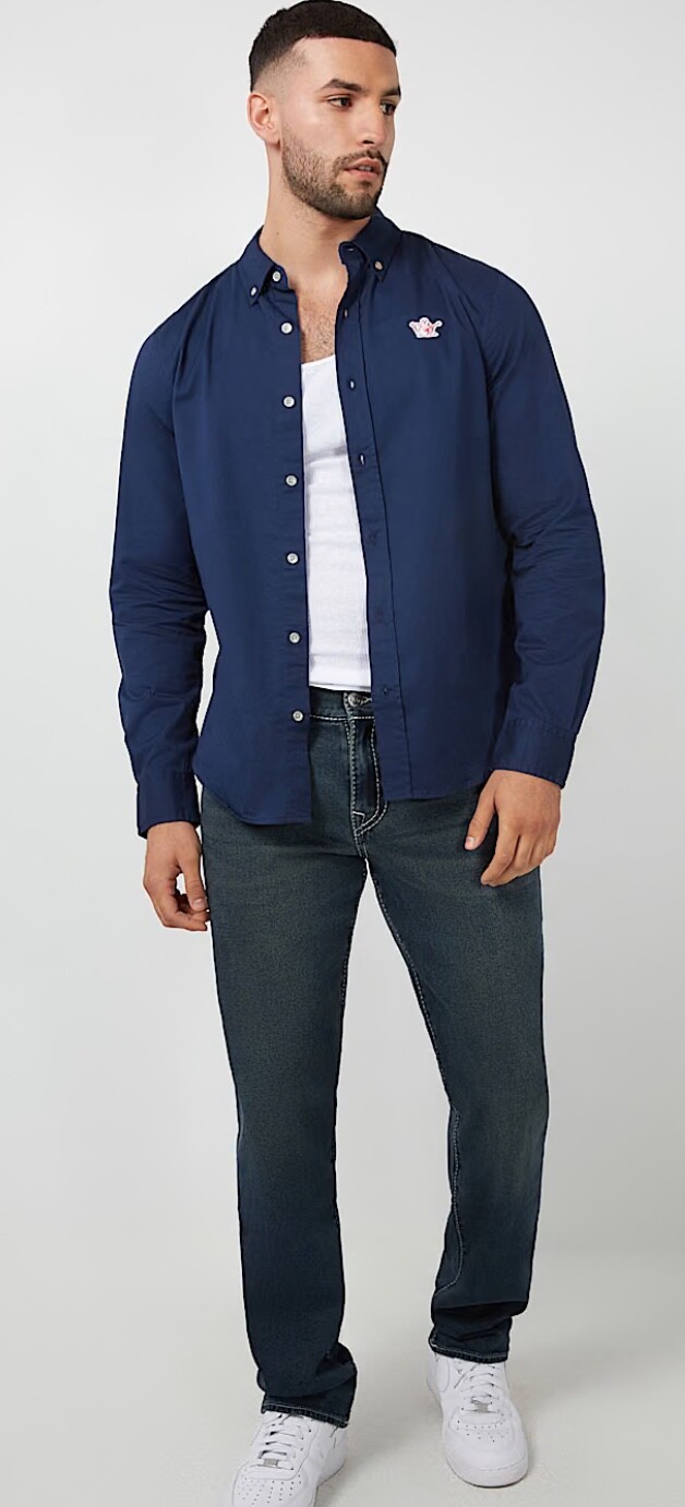 True Religion Ricky Big T-образный вырез непринужденных прямых синих мужских хлопчатобумажных джинсов из хлопка, размер 36