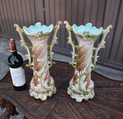 pair antique french barbotine majolica vases 1900s